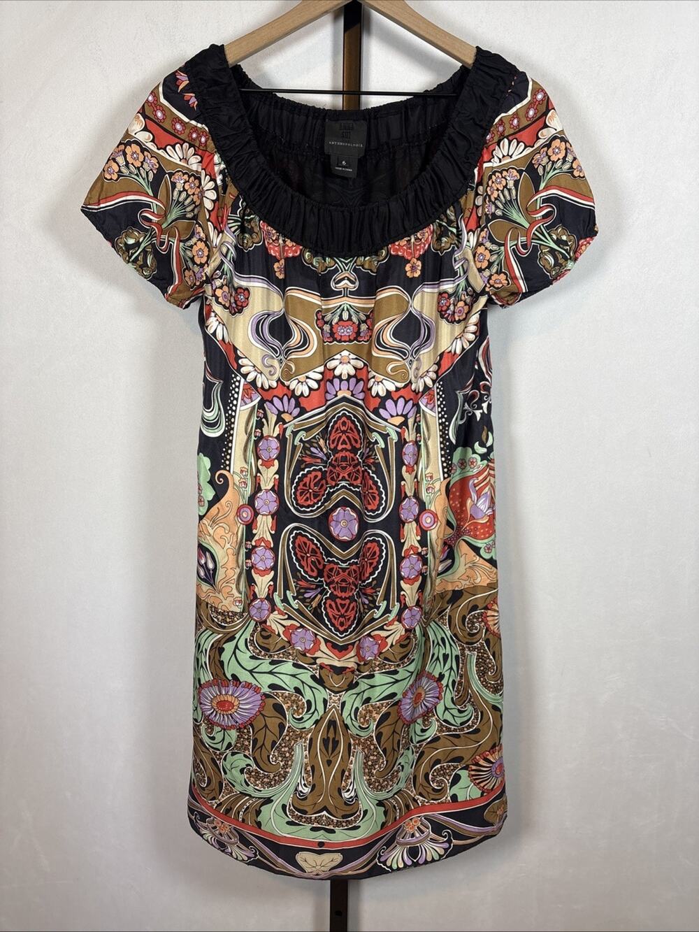Anna Sui Anthropologie Silk Tunic Dress Womens 6 Colorful Retro Folk Art Peasant